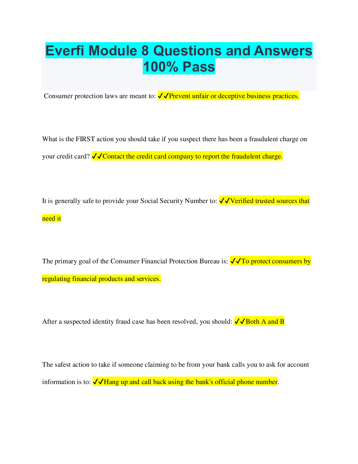 Everfi Module 8 Questions and Answers 100% Pass - Browsegrades